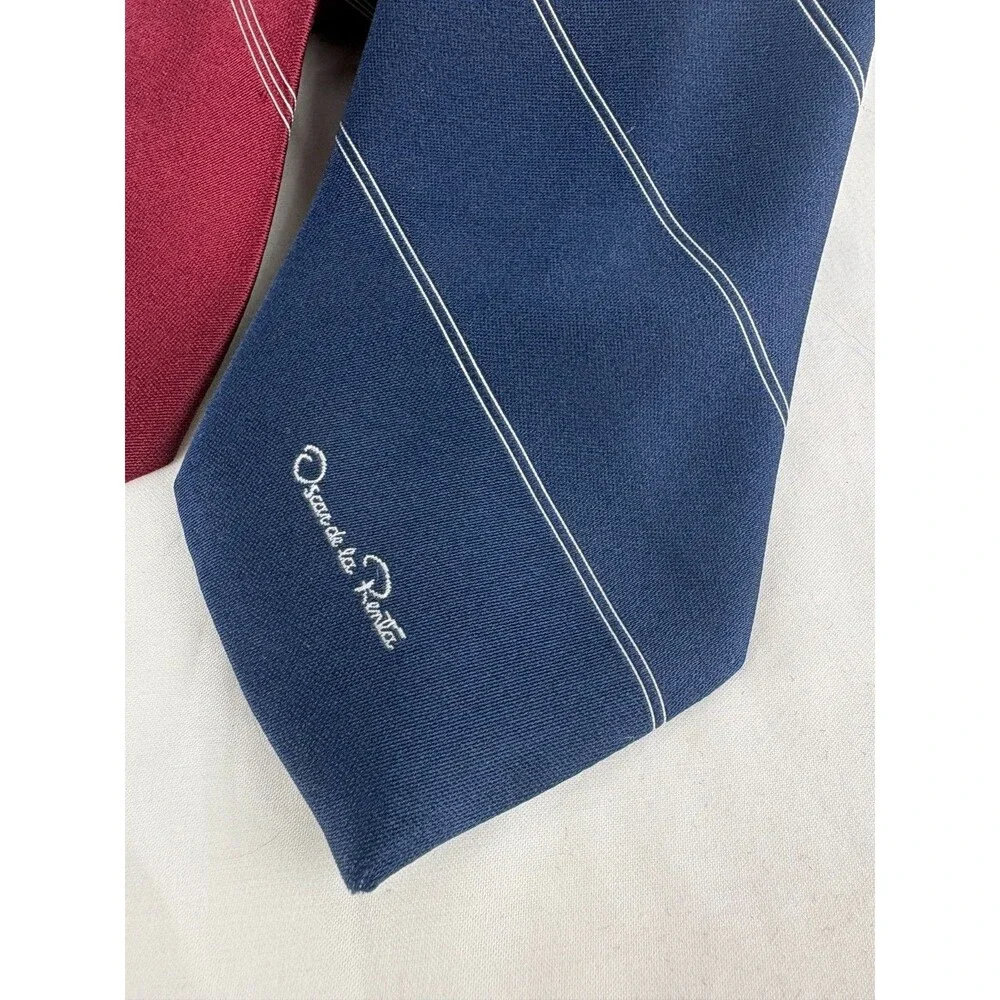 Lot of 2 Vintage Oscar de la Renta Pinstripe Silk Neck Ties Set Burgundy Navy